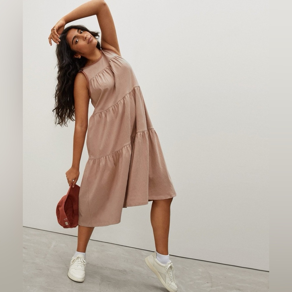 EVERLANE The Weekend Tiered Cotton Midi Dress in Oak XS Casual Comfort